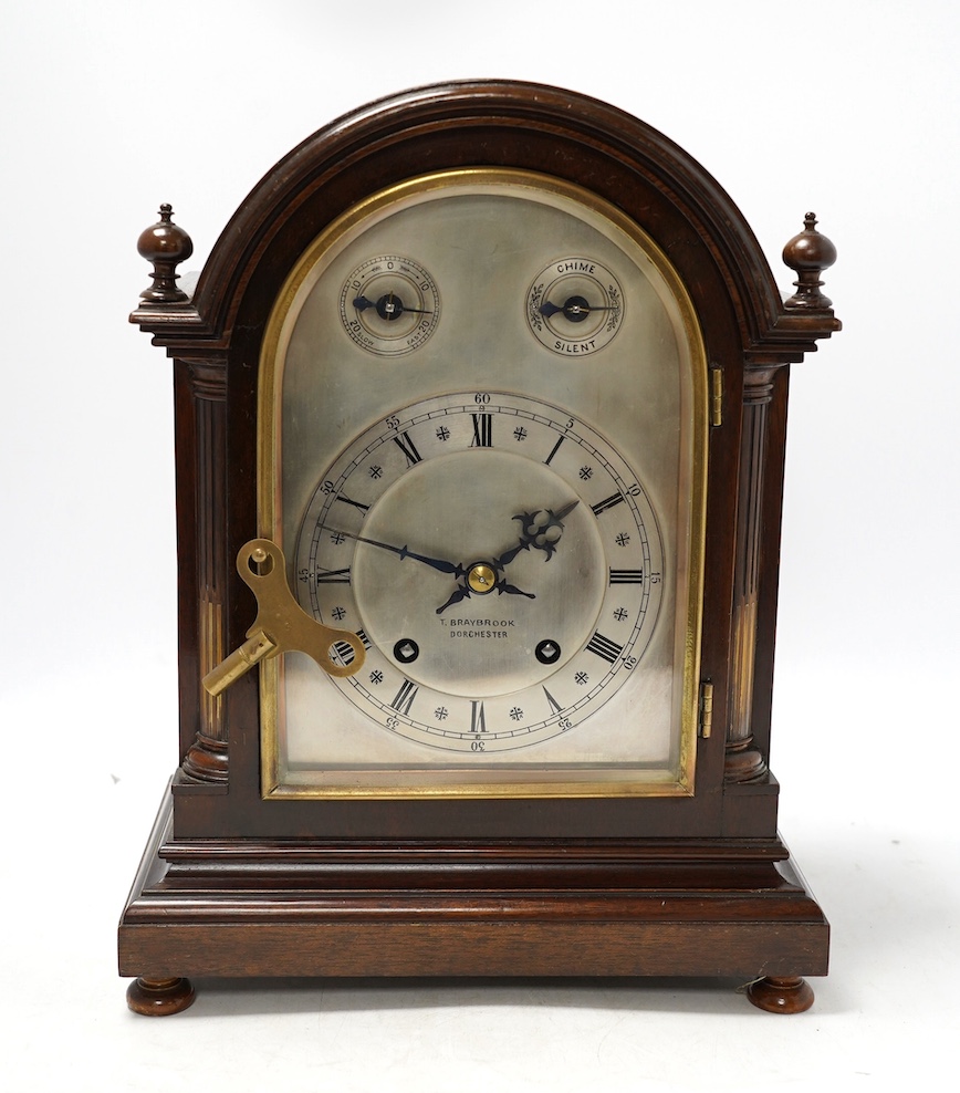 A W&H Sch. mahogany mantel clock striking on two coiled gongs, dial signed T. Braybrook Dorchester, 36cm. Condition - good, not tested as working